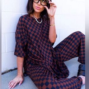 Dressed in lala Checkerboard Wide-Leg Jumpsuit - Black & Brown